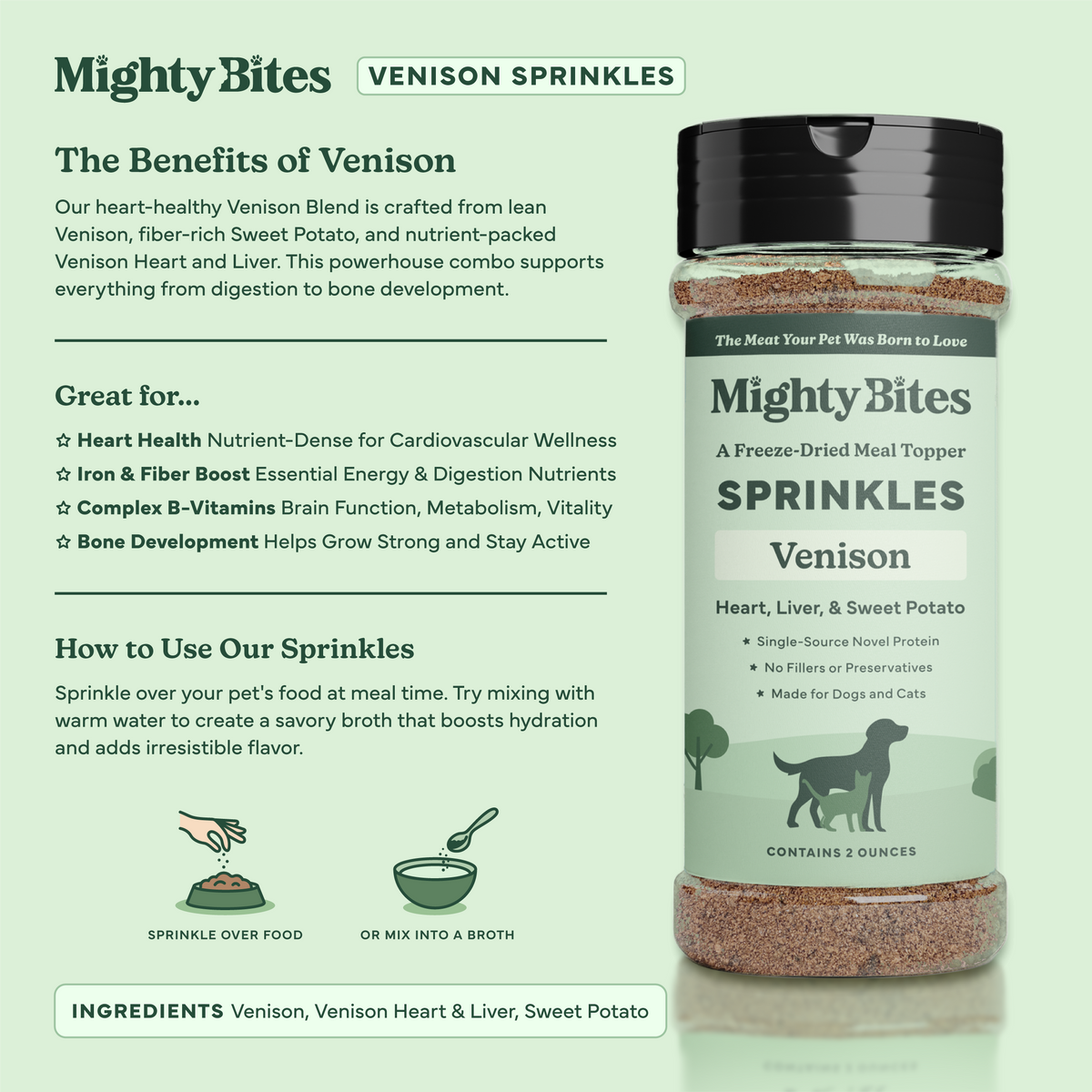 Mighty Bites Venison Sprinkles dog treat seasoning in a clear shaker bottle with a green and white label, shown alongside marketing text detailing the benefits, usage instructions, and ingredients on a light sage green background.
