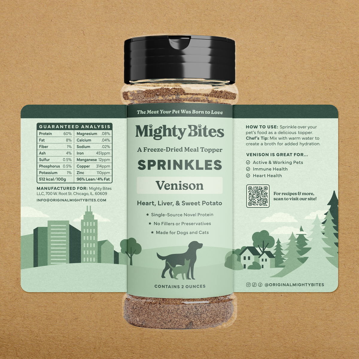 A bottle of Mighty Bites Venison Freeze-Dried Meal Topper sprinkles for pets, shown with its front label facing forward and the back of the bottle visible behind it on a tan textured background.