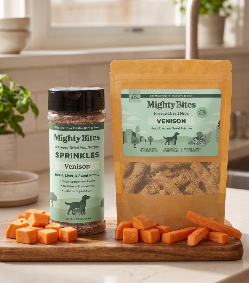 A jar of Mighty Bites Venison with heart, liver and sweet potato Sprinkles and a stand-up pouch of Mighty Bites Freeze-Dried Nibs also in Venison are displayed on a wooden cutting board with sweet potato cubes in a bright kitchen setting. A dog or cat treat and meal topper. 